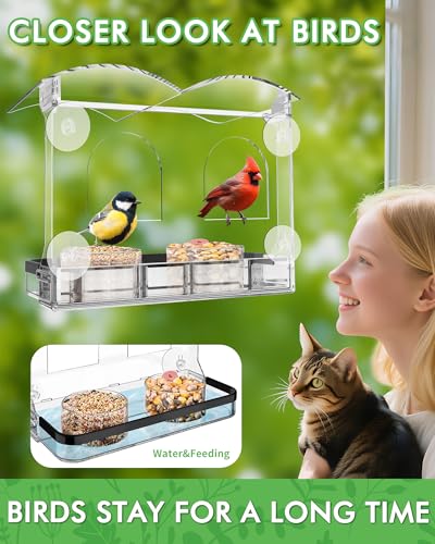 Window Bird Feeder with Strong Suction Cups, Clear Acrylic Design for Close-Up Bird Watching, Durable, Weatherproof, Easy to Install, Large Seed Tray, Drain Holes to Keep Food Dry, For Outdoor