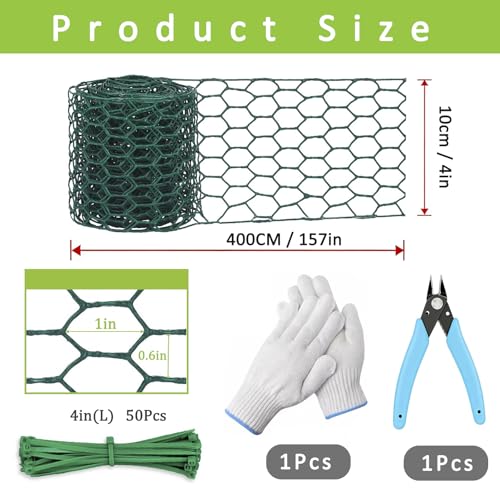 Chicken Wire for Floral Arrangements - Heavy Duty Galvanized Hexagonal Wire Netting for Garden, Floral Arrangements, Crafts, 4 inch(H) x 158 Inch(L), with Gloves, Cable tie, Plier