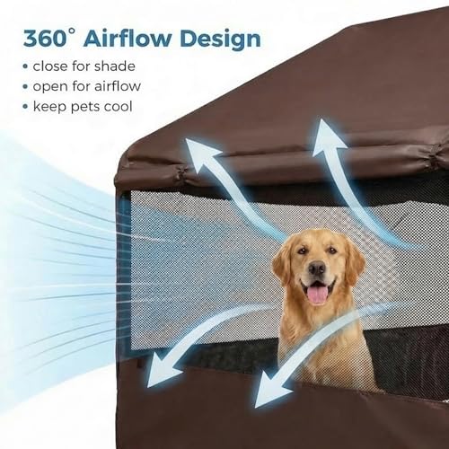 Outdoor Dog Tent, 4'x4'x3' Dog Shade House Shelter for Large Medium Pets | Outside Sun Rain Waterproof Dog Canopy with Three-Sided Breathable Mesh Windows, Livestock House with Ground Nails, Brown - color: Brown (Breathable Mesh Windows)