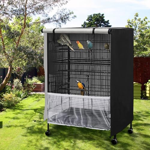 Bird Cage Cover, 600D Universal Parrot Cage Cover for Night, 100% Shading Oxford Cloth with Waterproof PU Coating Layer, Adjustable Soft Airy Nylon Mesh Net