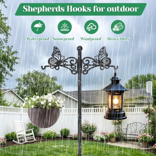2Pcs Double Shepherds Hooks for Outdoor, 88" Adjustable Heavy Duty Bird Feeder Pole with 5-Prong Base & Butterfly Design, Shepherds Hooks for Garden Wedding Hanging Plant Lantern Wind Chime - color: Black-2