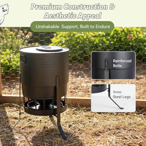 KOL Chicken Feeder No Waste for Coop & Outdoors, 16 Port 50lbs Poultry Feeder with Spill-Control Design, Rust-Proof Powder Coated Metal & Smooth Safe Edges (Black) - color: Black