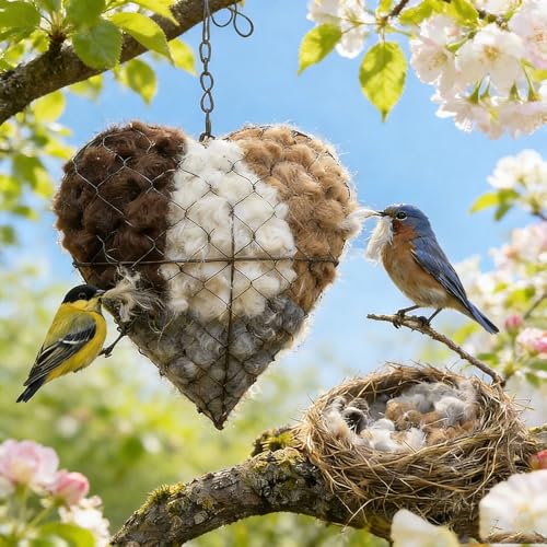 Handmade Fiber Bird Nesting Heart, Birds Nests Material Holder, Bird Nesting Material Includes Plush Fabric and 40g Cotton-Linen Blend Filling, Outside Gifts for Birds Lovers (1 Set) - color: 1 Set