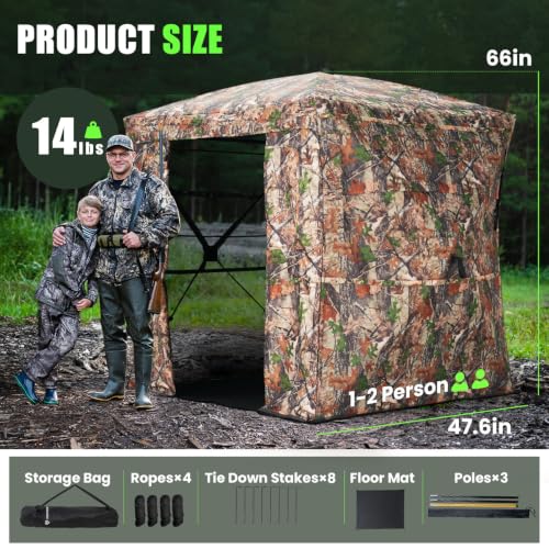 Hunting Blind 270 Degree See Through Ground Blind - 2-3 & 3-4 Person Pop Up Deer Blind for Hunting with Carrying Bag - 300D Reinforced Portable Durable Blind for Turkey and Deer - size: 1-2 Person(270° See Through)