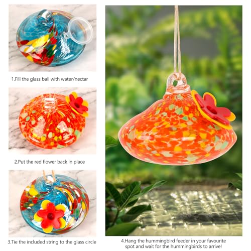 2 Pcs Blown Glass Hummingbird Feeder for Outdoors Hanging, Ant & Bee Resistant Window Bird FeederHandmade Garden Decor Gift for Women - Small Round Glass Feeders Bundle (Droplet B2) - color: Droplet B2