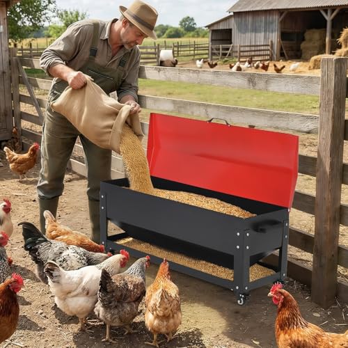 120LB Large Metal Chicken Feeder Box, Galvanized Steel | Automatic Poultry Feeding, Waterproof Red Lid, Brake Casters, Portable Handles, For Chickens, Ducks, Geese, Hens, Roosters