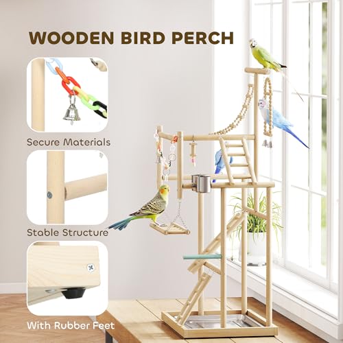 PawHut Bird Playground 4 Layer Wooden Parrot Play Stand for Parakeets | Ladders, Chain Toy, Stainless Steel Cups and Tray, Bird Cage Accessories, for Cockatiels, Finches, Lovebirds, Budgie