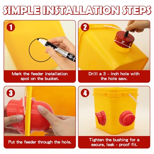Chicken Feeder No Waste 8 Ports DIY Automatic Poultry Feeder with 8 Covers and 1 Hole Saw,Rainproof Rat-Proof Gravity Chicken Feeder Kit for Buckets,Bins,Barrels,Troughs - color: Red
