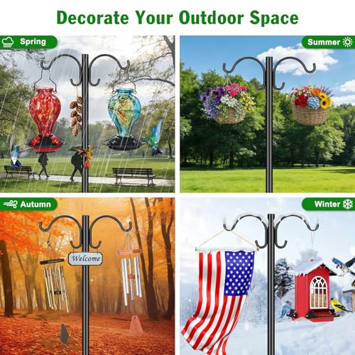 88inch Double Shepherd Hook for Outdoor, 1” Bird Feeder Pole,2Pack | 1in Thick Steel,5-Prong Stable Base,Adjustable Height,20lb Capacity,Ideal For Bird Feeder,Plant & Lantern ,Rust Resistant