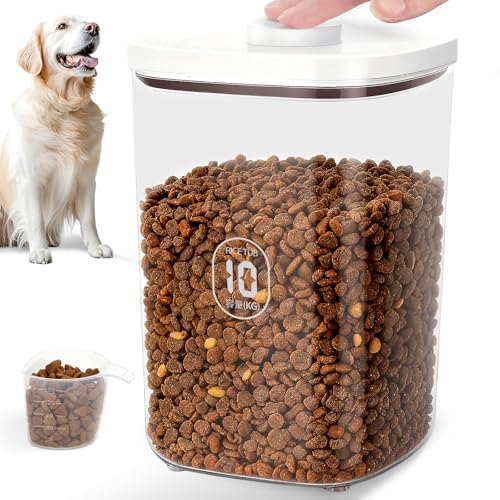 LEAWALK 10Lbs/10.57Qt Airtight Dog Cat Food Storage Container and Dog Treat Containers BPA-Free, PET Clear Stackable Pet Storage Bin, Pop Top, 1-Cup Scoop for Pet Food/Rice/Flour/Bread/Grains - color: White-10L-A