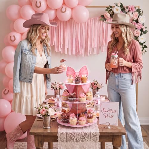 3 Tier Western Cowgirl Cupcake Stand Decoration Pink Bow Cupcake Tower Cowgirl Boots Hat Table Decoration Dessert Holder Table Display for Western Birthday Bachelorette Baby Shower Supplies - style: Cowgirl