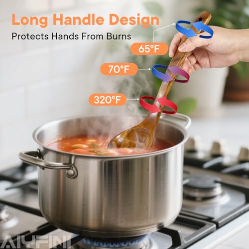 Non-Toxic Wooden Kitchen Utensils Set, 15.4" Long Handle Wood Spatula for Cooking, Egg Flipper Fish Turner Spatula for Non Stick Frying Pan, with Chopsticks, Soup Ladle, Pasta Spoon, Holder, Rest