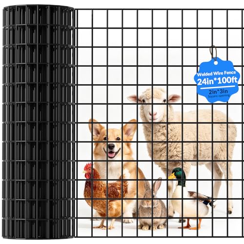 Welded Wire Fence, 24 Inch x 100 Foot Black PVC Coated Wire Mesh, 2 Inch x 3 Inch 16GA Garden Border Fencing Roll Vinyl Coating Metal Wire Mesh for Yard Vegetable Plant Protection Poultry Netting - size: 24X100ft