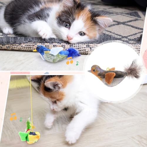 Flying Bird Cat Toys, Interactive Chirping Bird Cats Feather Toys Hanging Cat String Toy for Bored Kittens Adult Multi Households