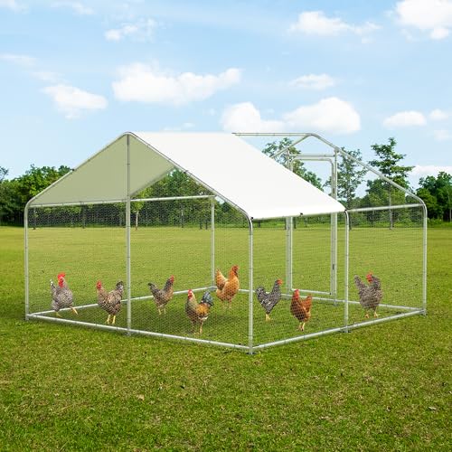 Large Metal Chicken Coop, 10'x10'x6.6' Walk-in Poultry Cage Outdoor Chicken Run Pen w/Waterproof & Anti-UV Cover, Hen House w/Security Lockable Door for Farm Backyard Duck Rabbit Cage Spire Roof - size: 120.0"L x 120.0"W x 79.0"H