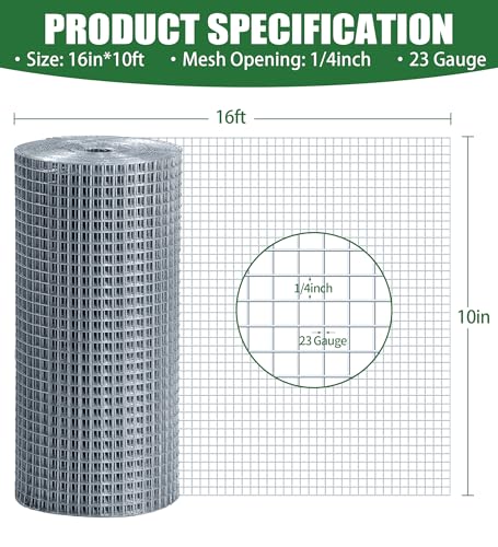 Hardware Cloth 1/4 Inch, 23GA Hot Dip Galvanized Chicken Wire Fencing Mesh | 16in×10ft Wire Mesh Rolls Welded Chicken Wire Fencing for Chicken Coop Barrier, Poultry Netting Cage Wire Fence - color: Silver(16IN*10FT-1/4)