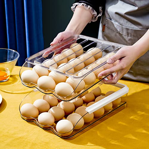 Sooyee 2 Layer Ramp Type Auto Rolling Egg Holder Storage Container for Refrigerator Organizer,Large Egg Container Bin,Clear - size: 2 Layer