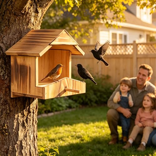 Handcrafted Solid Wood Robin Nesting Box – Outdoor Bird House for Garden, Backyard & Patio, Attracts Robins, Blackbirds & Finches – Easy to Mount & Clean