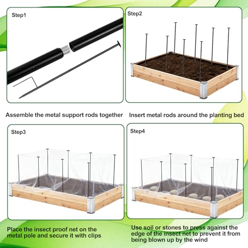 Metal Garden Netting Kit, 8 Pack 2.6ft Raised Garden Bed Net Support Stakes with 13×10ft Fine Mesh Insect Netting 16pcs Clips Bird Barrier Screen Cover for Protect Plant Vegetable Row from Animals Bug - color: 8 Poles With 10×13 Ft Netting