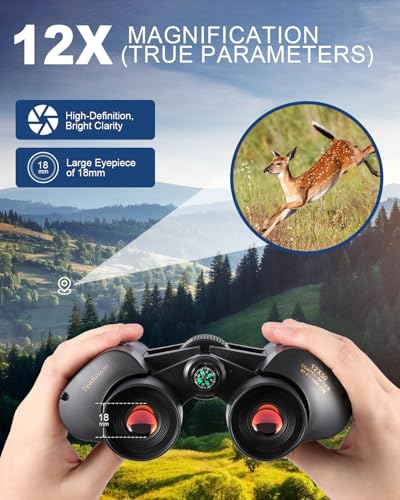 12x50 High Powered Binoculars - HD Low Light Vision for Bird Watching/Hunting/Cruise, Waterproof with Compass & Phone Adapter