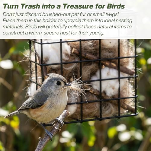 Bird Nesting Material Holder, Pet Fur Holder for Bird Nests, with Jute Fiber & Red Ribbon to Attract Wild Birds, Reusable Bird Nesting Holder for Nest Building
