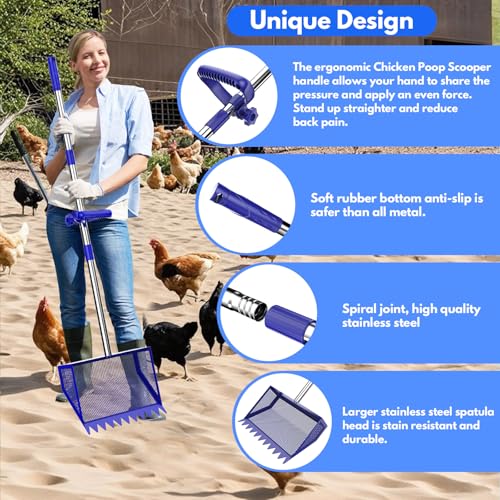 Chicken Poop Scooper Rake 2-in-1,304 Stainless Steel Shovel Head, Chicken Litter Scoop with Handle for Chicken Coop for Sand, Pet Waste Cleaning, Litter Sifting Shovel (35 to 65") (Blue, 10inch) | Chicken Poop Scooper - color: Blue, size: 10inch