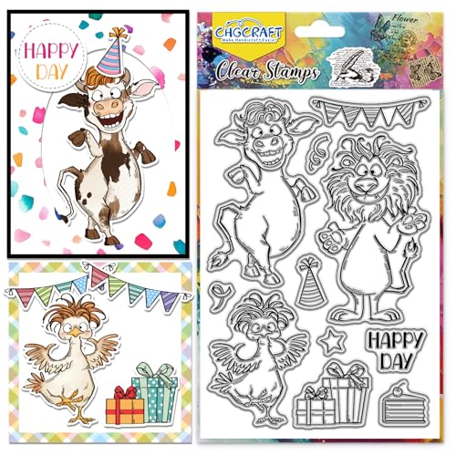 CHGCRAFT Happy Animal Clear Stamps Cow Chicken Lion Transparent Stamps Animal Party Silicone Clear Stamp Seals for Carding Making DIY Scrapbooking Photo Album Decoration, 4.3x6.3 inch - style: Animal Party