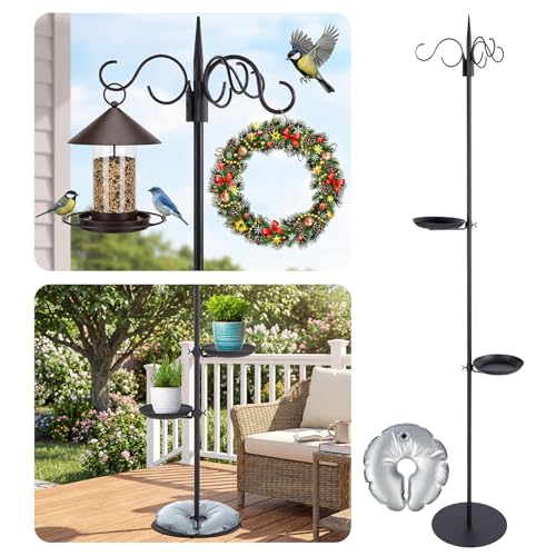1 Set Upgraded 75.9" Shepherds Hook for Bird Feeder, Hanging Plant Wind Chime Stand, Metal Adjustable Standing Pole Holder for Indoor Outdoor, with 2 Rack & Weight Bag (3 Hooks) - style: 3 Hooks