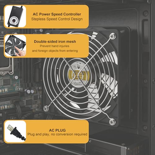 Computer Fan with AC Plug 120mm 12V DC Brushless Cooling Fan | AC 100V-240V Speed Control, for Cabinet Case Chassis Server Workstation Amplifier Xbox Pet Box Greenhouse Cooling - style: 4.72inx1in