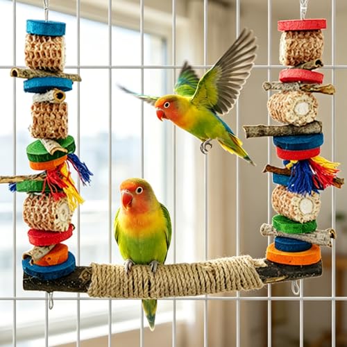 3-in-1 Parrot Toys(Swing + Perch + Chew Toy) | Colorful Parakeet Swing Toy Natural Sisal Rope Adjustable Bird Perch for Chewing and Balance Training for Lovebirds