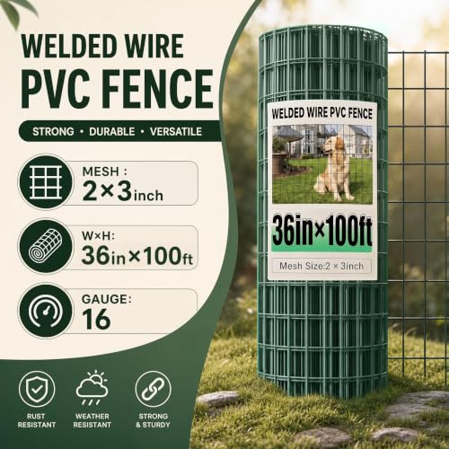 Garden Fence Black PVC Coated Welded Wire Fencing 36 Inch x 100 Foot, 2 Inch x 3 Inch 16GA Green - color: Green, size: 36"×100'