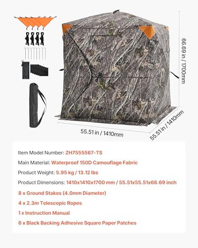 VEVOR Hunting Blind，See Through Ground Blinds with Carrying Bag, 360 Degree Portable Camouflage Tent，Durable Concealed Shelter with Silent Side Door and Window, for Turkey and Deer - size: 1-2 Person（270°See Through ）