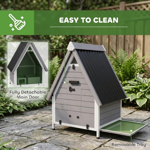 PawHut Chicken Coop for 2 Hens, Outdoor Wooden House, 31" x 29" x 43", Grey | Removable Nesting Box & Roosting Bar, Tray, Ramp, Chicken House, Poultry Cage Rabbit Hutch