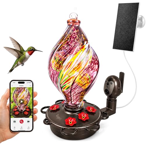 LUJII Smart Hummingbird Feeder with Camera, Hand Blown Glass for Outdoor Hanging, Solar WiFi Feeder with Live View App, 6 Feeding Ports, Leak-Resistant Design, Ant Moat & Gift Box, 28 fl oz, Purple - color: Purple, size: Large