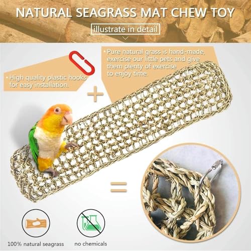 Bird Seagrass Mat 39.4×7" Long Natural Macaw Woven Net Hammock Hanging on Parrot Cage with Hooks Climbing Ladder Swing Chew Toys for Cockatoo Large Parrot Supplies - size: 39.4" × 7"