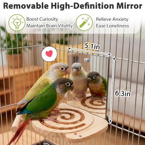 Bird Foraging Toys with Perch & Mirror, Easy for Novice/Older Birds | Kiln-Dried Wood Bird Enrichment Toy for Cage, Slow Feeder & Interaction Puzzle Toy to Reduce Seed Mess, Visible Food Design - size: with mirror