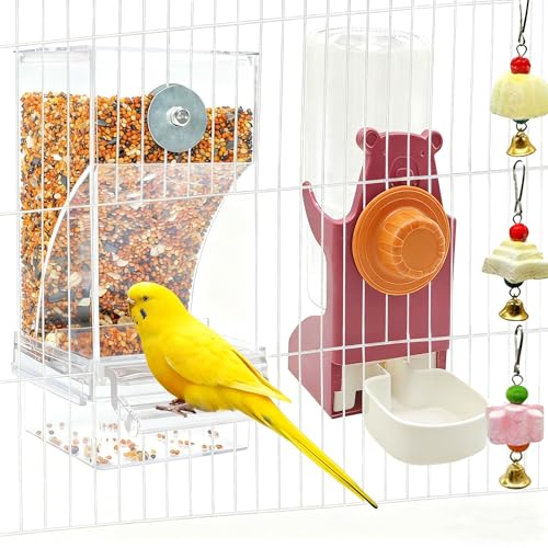 Parrot Automatic Feeder Bird Water Dispenser for Cage No Mess Bird Feeder Food Container Feeding Station Foraging with 3 Beak Grinding Stone for Cockatiel Cockatoo Canary Lovebirds - color: Red+Transparent, size: 2Pcs