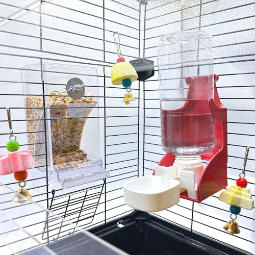 Parrot Automatic Feeder Bird Water Dispenser for Cage No Mess Bird Feeder Food Container Feeding Station Foraging with 3 Beak Grinding Stone for Cockatiel Cockatoo Canary Lovebirds - color: Red+Transparent, size: 2Pcs