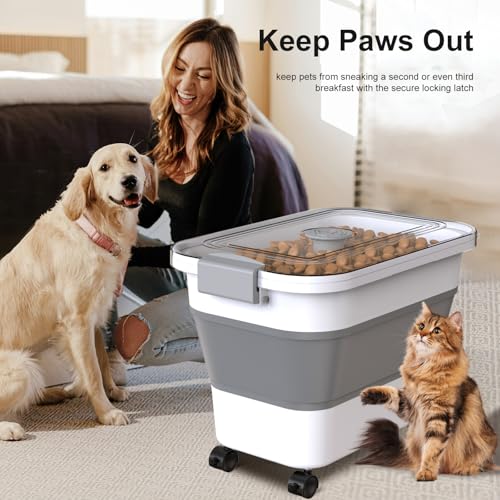 Dog Food Storage Container, 15-23 Lbs Collapsible Dog Food Container with Transparent Airtight Lid, Wheels and Scoop, Travel Pet Food Storage Container for Cat, Dog and Bird, Keep Dry Food Fresh - color: Grey