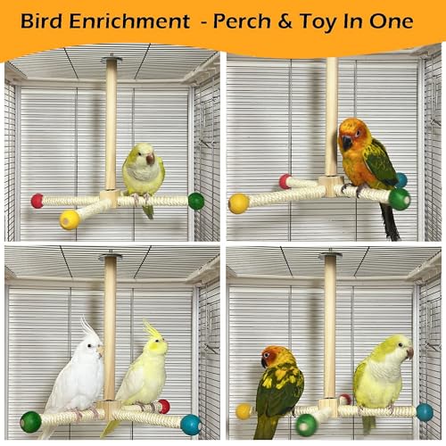 Large Bird Perch Toy, Interactive Wooden 360° Spinning Cage Toy(L) | Exercise Wheel Quaker Toy, Enrichment Bird Cage Accessories Perch Toys for Medium-sized Birds Cockatiel Ring-necked Caique - size: Large (no bells)