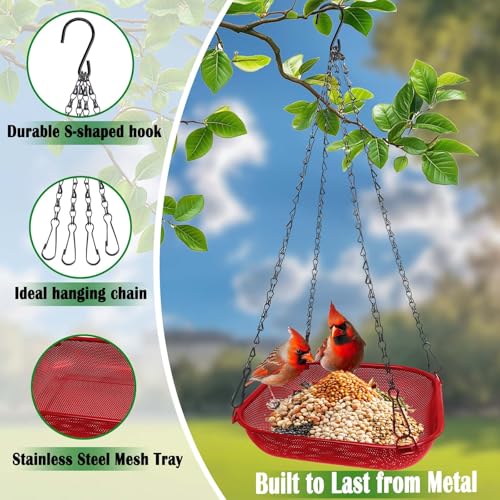 Hanging Platform Bird Feeder, 11 in Square, Red | Stainless Steel Mesh Seed Tray, Backyard & Patio, Outdoor Use - color: Red - Square