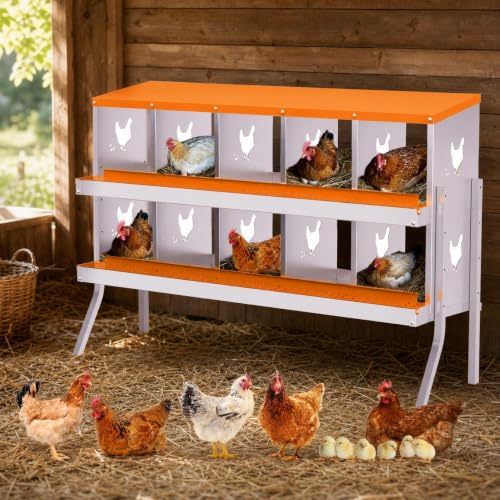 10 Compartment Galvanized Metal Chicken Nesting Box with Support Legs, Easy Install & Clean Roll Out Egg Laying Boxes for Backyard Chicken Coop, Anti-Rust Egg Protection Nest,Orange - color: Orange, size: 10 holes with legs