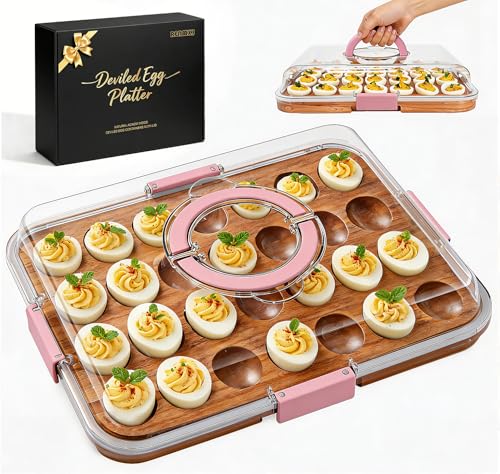 Deviled Egg Containers with Lid, Acacia Wooden Base with 28 Slots | Portable Deviled Egg Platter Carrier Holder Trays, Elegant appearance, Strong Durability, for Party and Home Kitchen - color: Pink