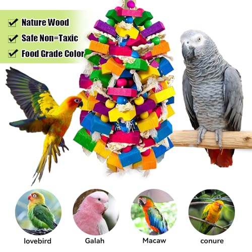 Large Parrot Chew Toys, Colorful Natural Wood Hanging Shredding Toy, Heavy Duty Beak Grinding Enrichment Toy for Macaw, Cockatoo, African Grey Large Bird Cage Accessories