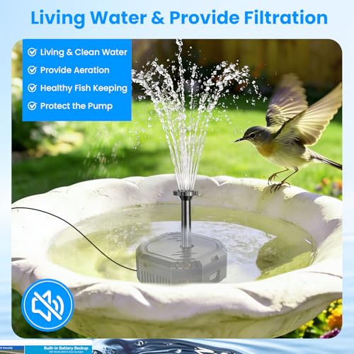 Antfraer 7W Solar Fountain Pump with 3600mAh Battery Backup & Pond Filter, Solar Water Fountain Pump with 8 Nozzles & PVC Tubing, Solar Fountain for Bird Bath, Small Ponds, Waterfall, Hydroponics - style: 7W （Built-in Battery）