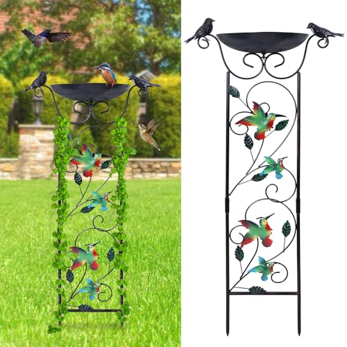 hogardeck 35” Metal Bird Bath with Garden Trellis for Climbing Plants Outdoor, Vintage Hummingbirds Decorative Birdbath, Garden Decor Metal Plant Support for Climbing Flowers - style: 1 Pack