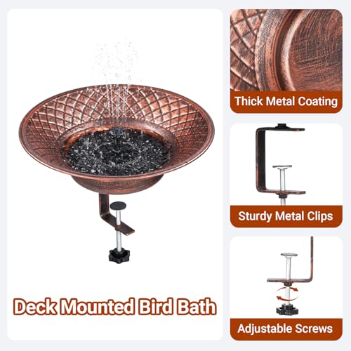 12.6" Deck Mounted Bird Bath for Outside, Metal Solar Powered Bird Bath | Bird Bath Fountain with Heavy Duty Railing Clamp for Balcony Fence, Detachable Deck Bird Bath for Garden - color: Bronze