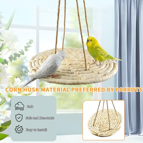 FlidRunest Bird Swing Hammock Bed, Natural Corn Woven Parrot Hammock Swing Mat, Hanging Bird Climbing Perch Mat, Relieve Boredom Chewing Toy for Birds Parakeets Lovebirds Cockatiels Conure, yellow