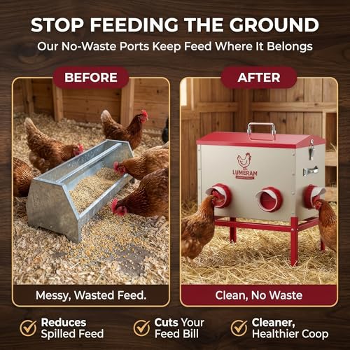 30 LB Large Automatic Chicken Feeder with No-Waste Ports – Outdoor Metal Chicken Feeders with Adjustable Stand, Rodent-Resistant Design & Riveted Handles for Chickens, Ducks & Poultry