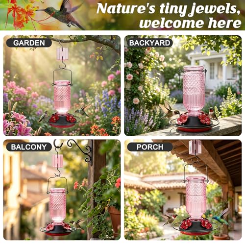 Glass Hummingbird Feeder for Outdoors Hanging, 16 oz Leak-Proof Nectar Feeder with Bee Guards & Ant Moat, 4 Metal Flower Feeding Ports, 360° Perch Ring, Easy Refill & Clean, Pink - color: Pink
